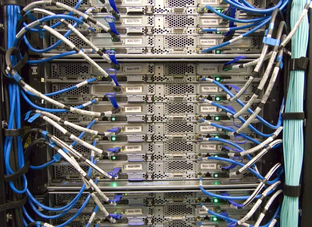 Data center servers with blue wiring