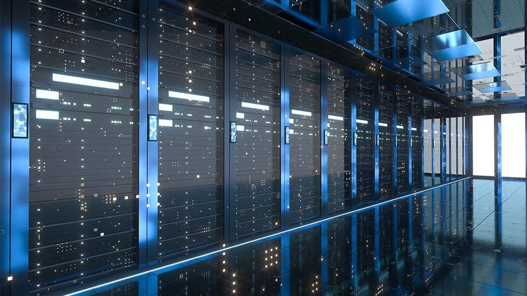 Blue lit server room at a Data Center