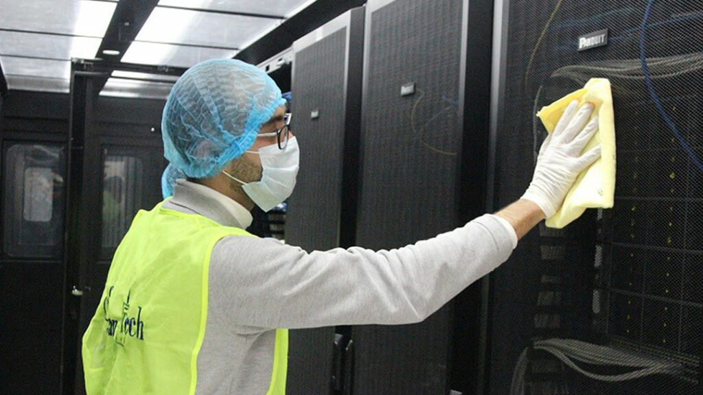 Wiping down data center cabinet
