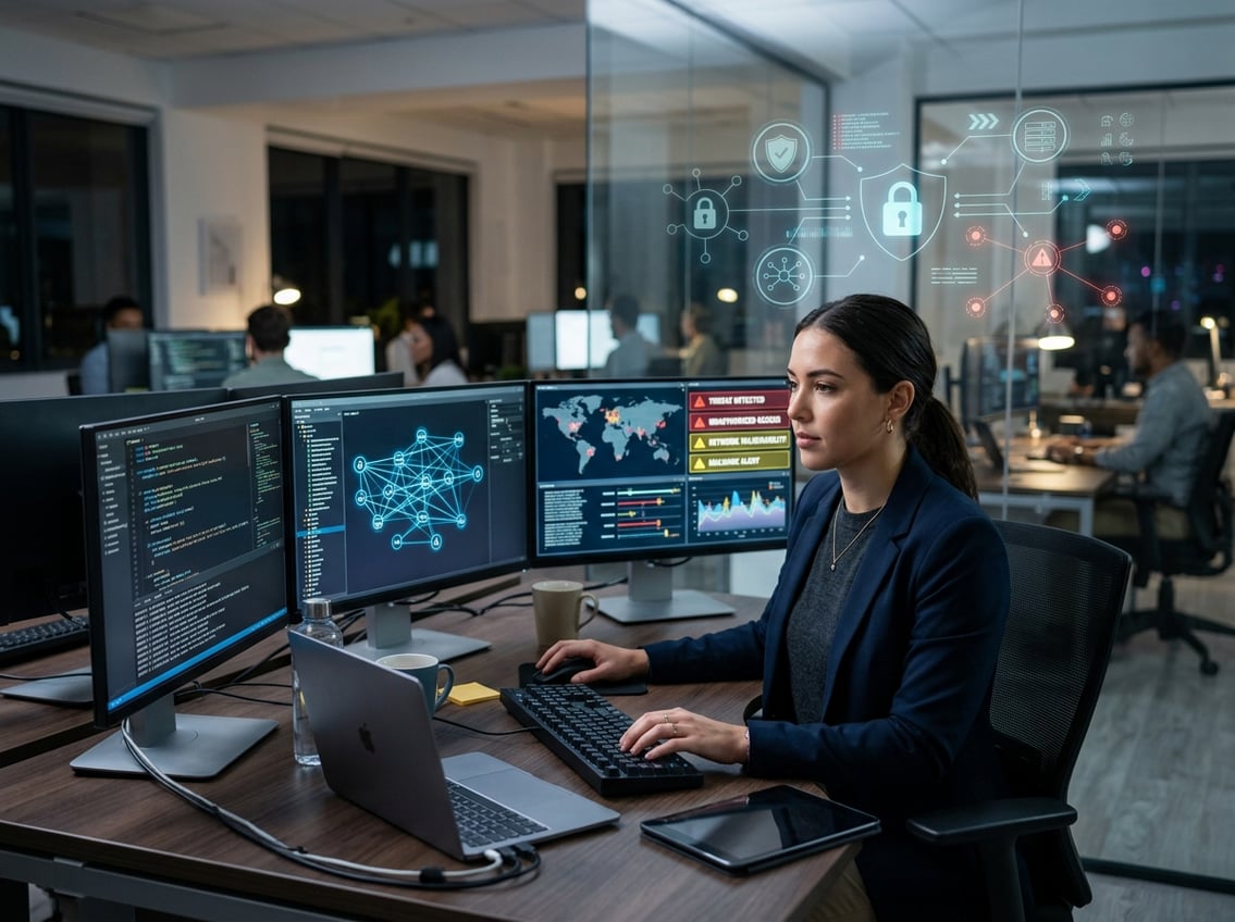 v2 1ecfu0 b6k9b An IT professional working at a desk with multiple monitors showing digital code and security graphics representing cyber security risk.