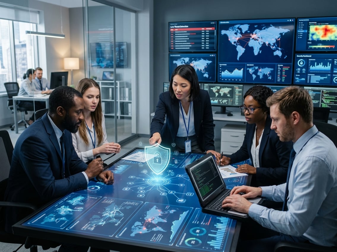 Business professionals collaborating around a digital touchscreen table displaying cybersecurity data and threat alerts in a modern office.