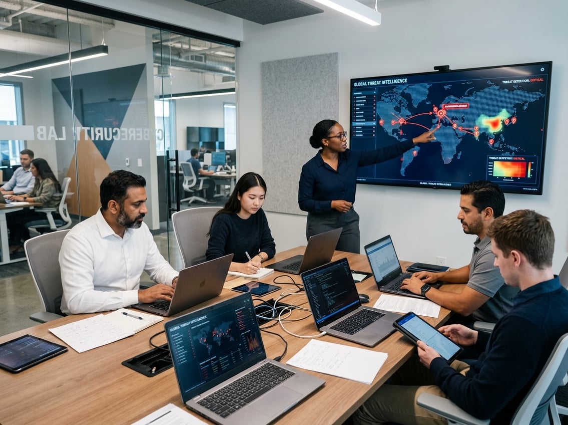 A group of IT professionals analyzing cybersecurity data on laptops and a large screen in a modern office.