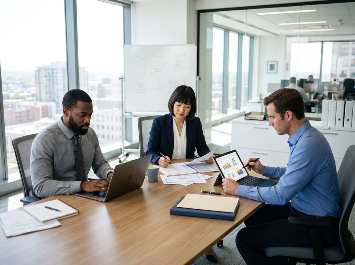 Three business professionals working separately on different tasks around a conference table in a bright office.