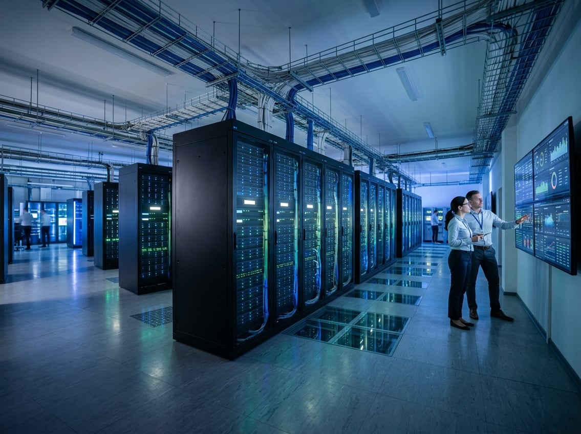Interior of a modern AI data center with rows of server racks and technicians monitoring digital displays.