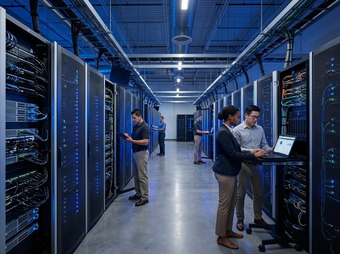 Interior of a large data center with rows of server racks and IT professionals working on laptops.