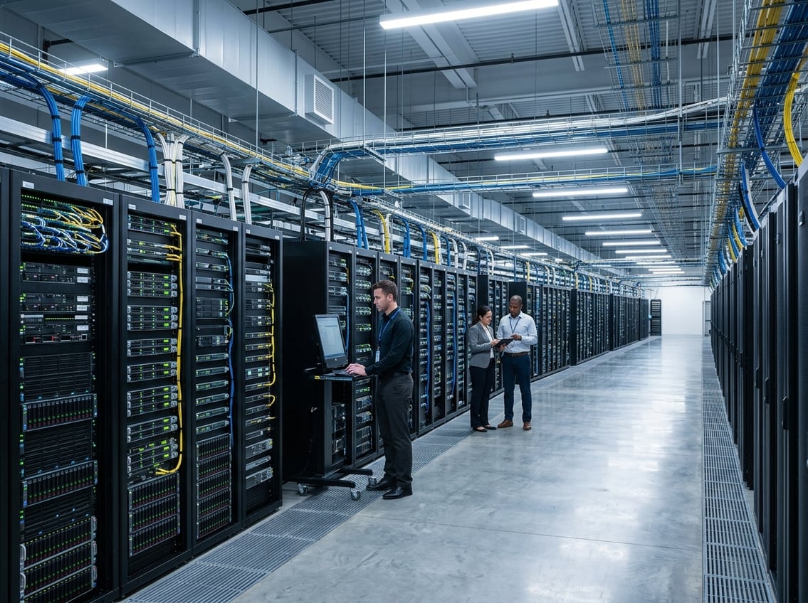 Interior of a large data center with rows of server racks and technicians monitoring equipment.
