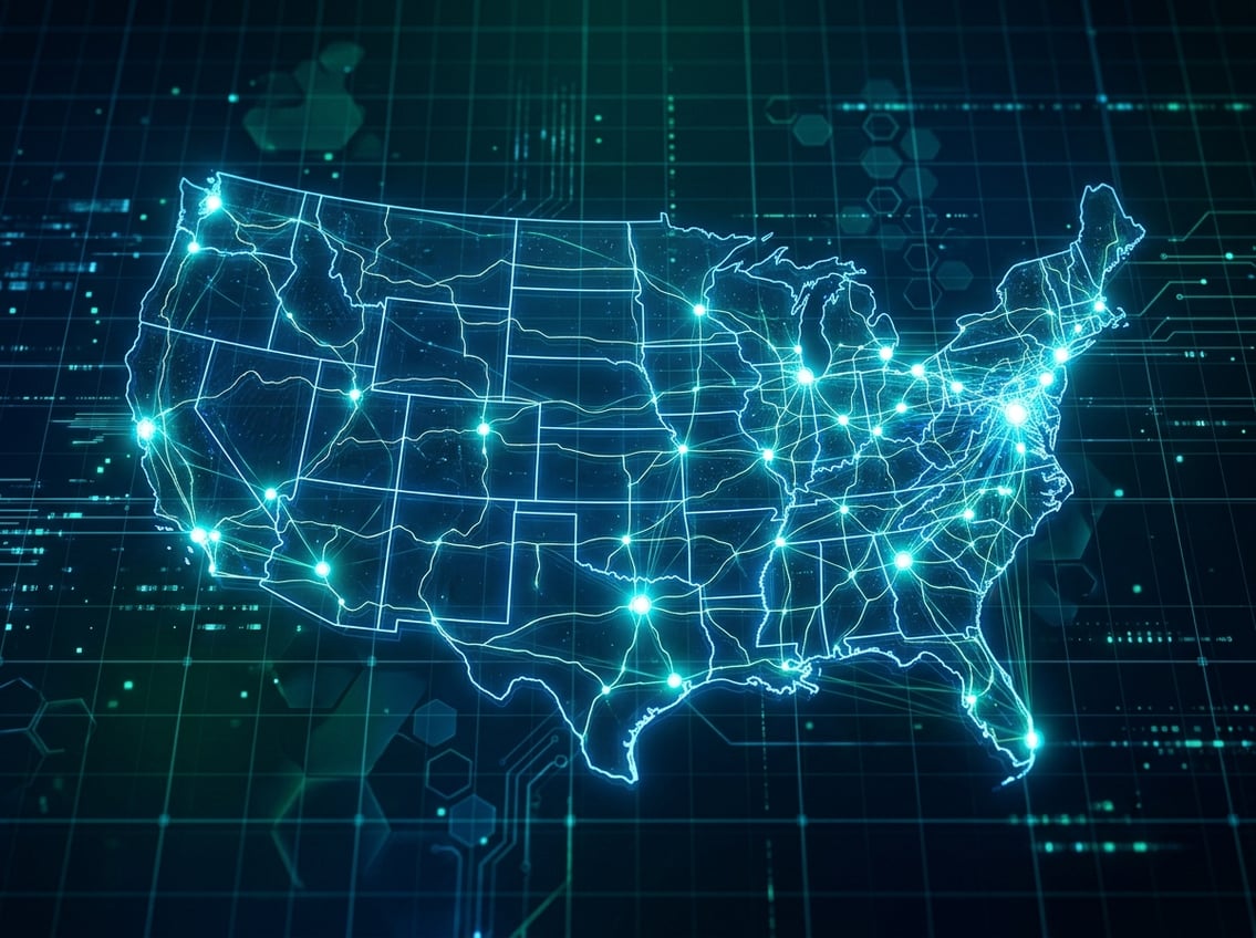 Map of the United States showing glowing points representing major data center locations connected by digital lines.