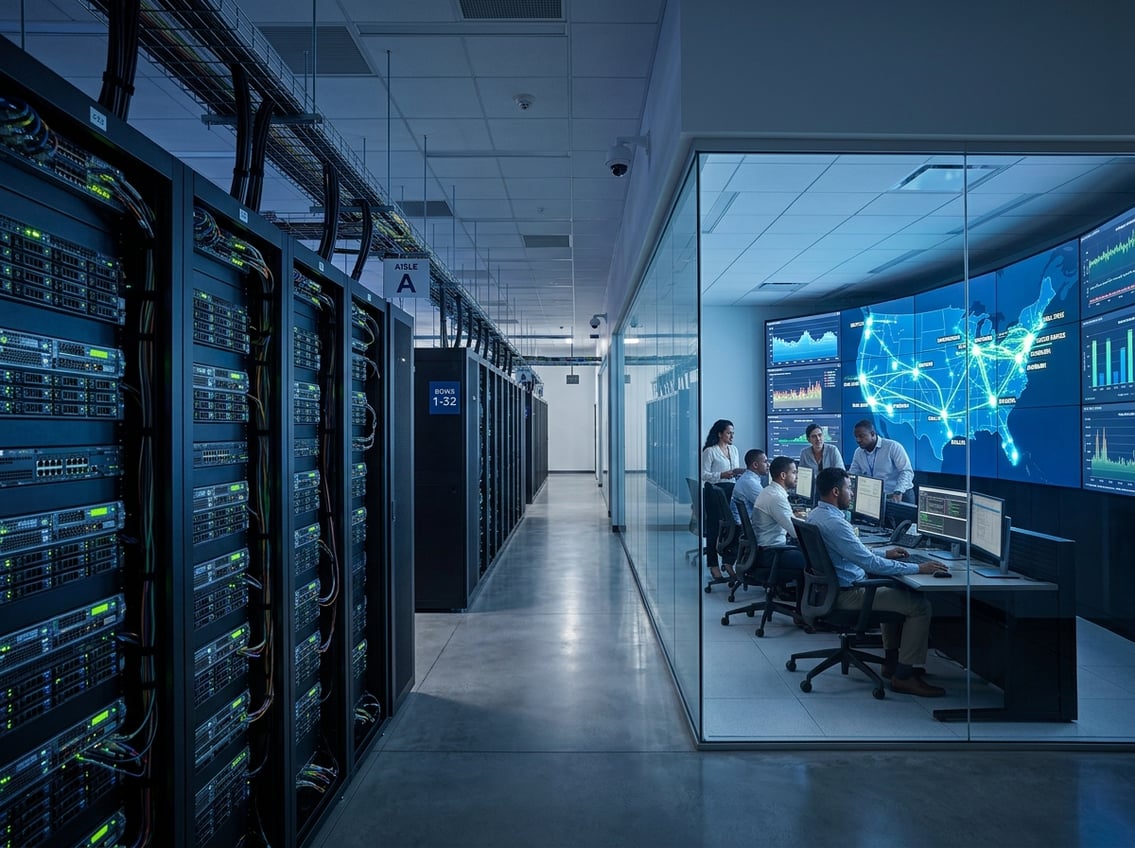 Interior of a modern data center with server racks and IT professionals monitoring digital screens showing network data and US data center locations.
