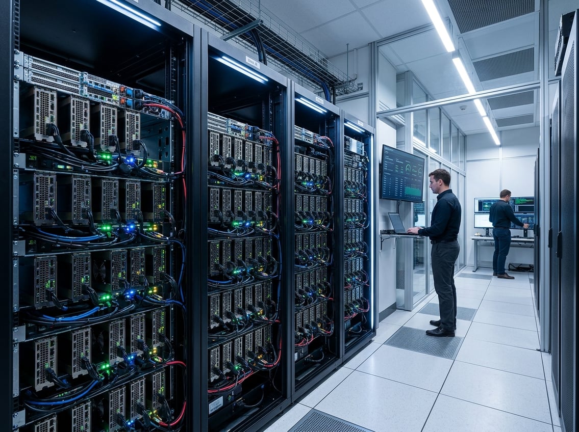 Interior of a modern data center with rows of high-end GPUs in server racks and technicians monitoring equipment.