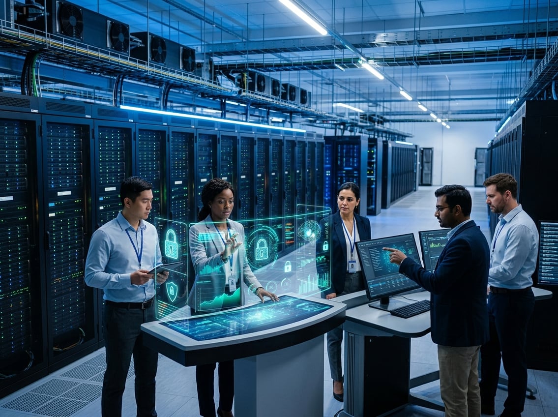 A team of IT professionals monitoring servers in a modern data center with digital security displays and advanced technology.